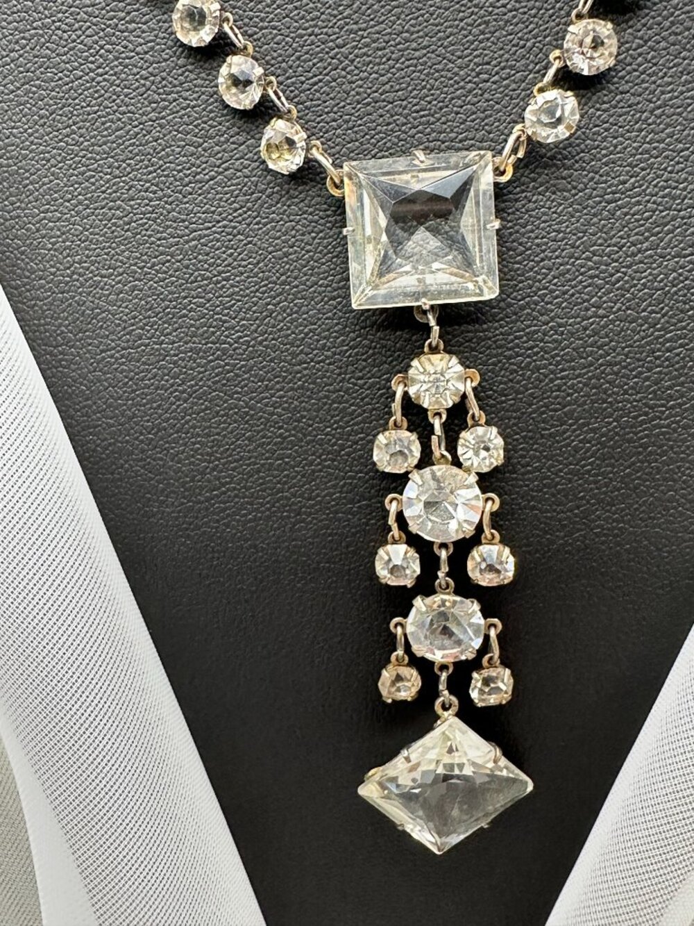 Authentic Art Deco Sterling Open-Back Crystal Y-Drop Lavalier Necklace, c. 1920’
